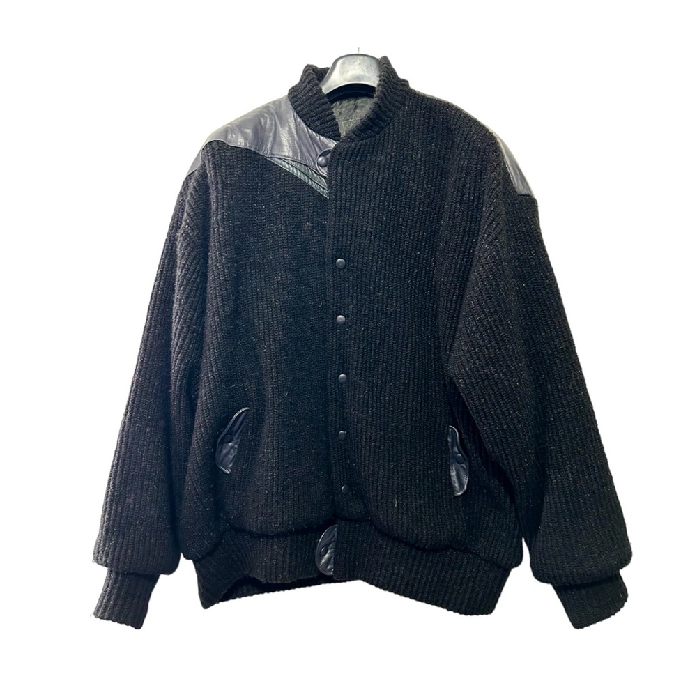 Vintage 80s Patchwork Colorblock Oversized Sweater Jacket Wool Cotton Black XXL
